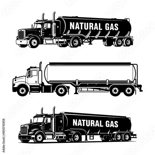 Black and white illustration of a natural gas tanker truck transportation fuel silhouette pack