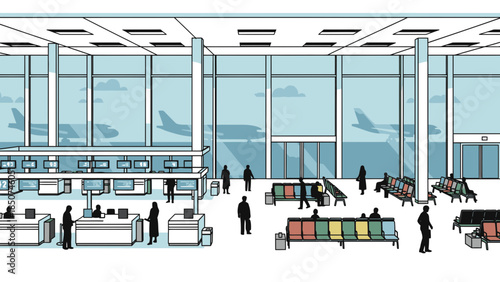 Busy Airport Terminal Interior with Passengers, Check-in Counters, and Airplanes Outside Windows