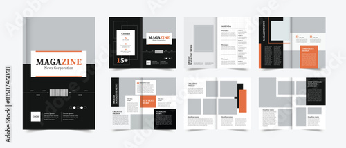 Modern corporate news magazine design with minimalist layouts, bold typography, and orange accent branding style