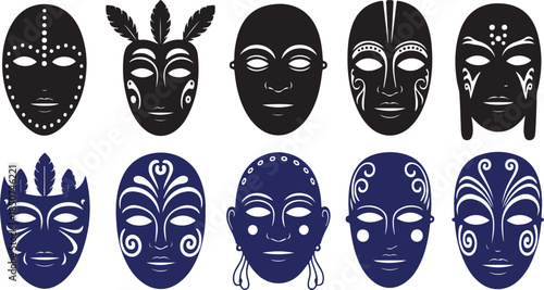 A collection of traditional tribal ceremonial masks in black and blue colors on a white background