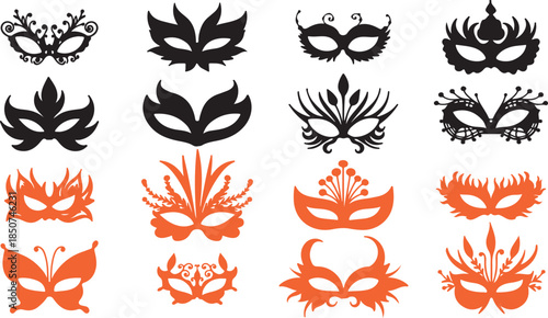 A large collection of intricate masquerade and carnival masks in elegant black and vibrant orange colors