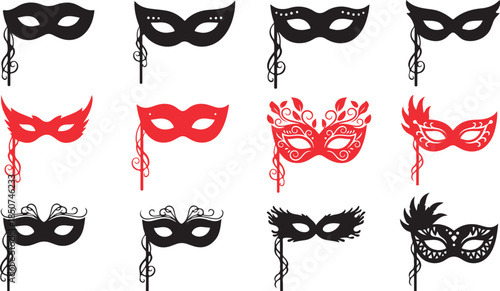 A delightful assortment of elegant masquerade masks on sticks in rich black and vibrant red colors
