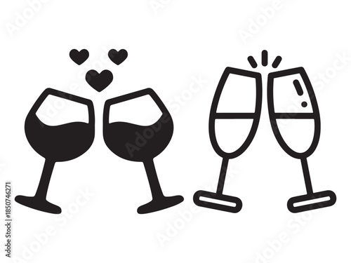 This black-and-white icon illustrates two different types of toasts. On the left, two full red wine glasses clink together, with three hearts floating above them, symbolizing romance or love. 