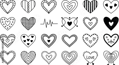 A lovely collection of hand drawn doodle hearts with varied patterns on a white background