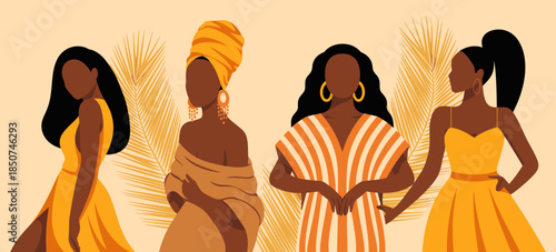 This vibrant image features a group of stylish women showcasing diverse fashion styles, highlighting empowerment, beauty, and self-expression in modern society.