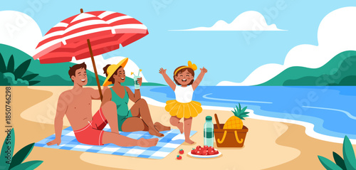 A delightful illustration depicting a family having a fun day at the beach with a picnic setup, showcasing relaxation and joy in a picturesque seaside setting.