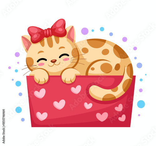 A charming illustration of a cute cat with a bow peeking out of a heart-shaped box surrounded by colorful bubbles, radiating warmth and cheer for pet lovers and children.