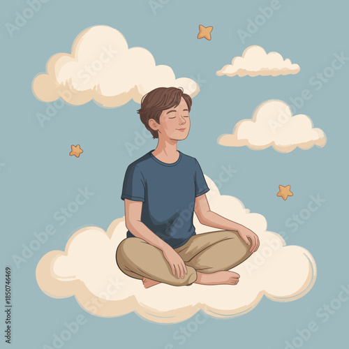 A young boy meditates on a fluffy cloud surrounded by stars, symbolizing imagination, peace, and the serenity that comes with mindfulness and inner exploration.