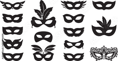 Large collection of diverse black masquerade masks with various shapes and feather accents