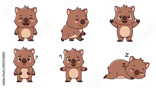 Set of Six Cute Cartoon Wombat Characters with Various Poses and Expressions