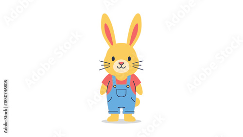 Cute Cartoon Rabbit Character Wearing Blue Overalls, Standing Happily
