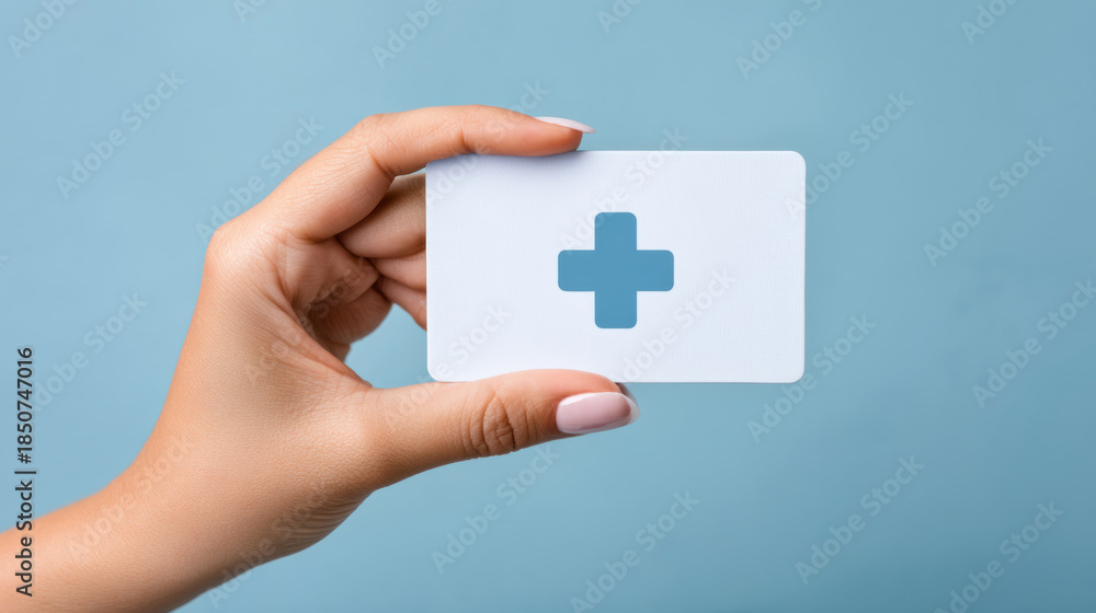 Obraz premium Medical technology card held by hand with blue cross symbol conveying healthcare assistance