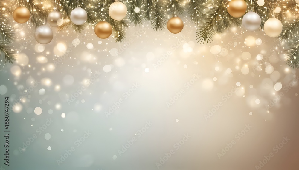 Fototapeta premium Festive Christmas background with a top border of fir branches, golden and silver ornaments, and soft glowing bokeh.