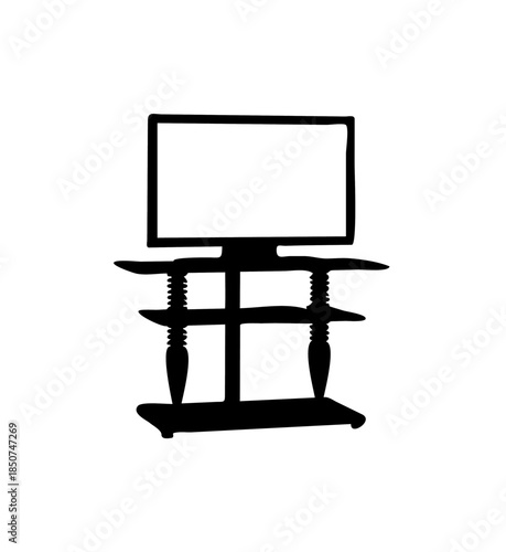 Classic television set resting on a multi-tiered entertainment stand in black silhouette, a staple for home media on an isolated white background.