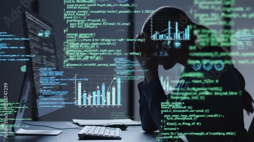 Stressed data analyst overwhelmed by financial data and programming workload, coporate world, data analytics