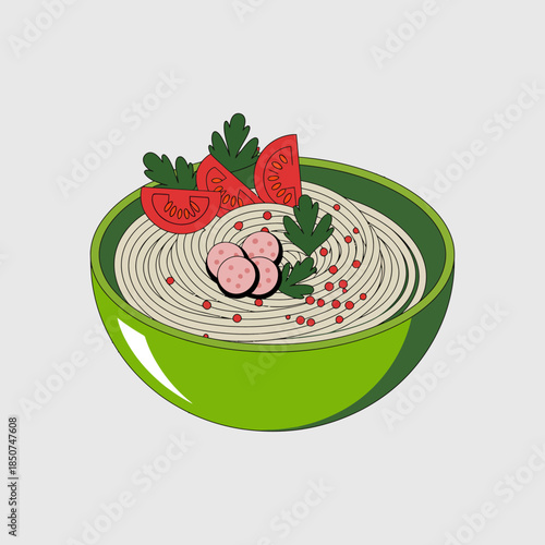 A colorful bowl of noodles topped with fresh ingredients, representing a delightful culinary experience, showcasing the art of food preparation and flavor combinations.