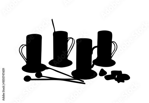 Set of Coffee Cups with Spoons and Coffee Beans, isolated white background.