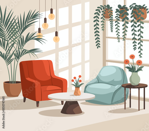 An inviting living room scene featuring two stylish chairs, a coffee table, and decorative plants, creating a serene atmosphere perfect for relaxation and socializing.