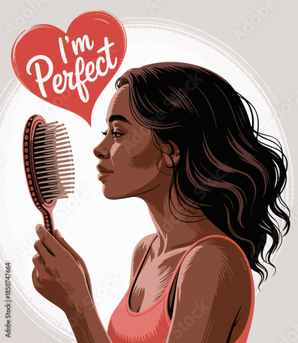 A woman looks at her reflection in a hairbrush, reflecting self-acceptance and beauty, surrounded by a whimsical design that promotes positive self-image.
