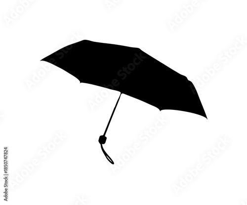 Open black umbrella for rain protection or sun shade, weather accessory on isolated white background.