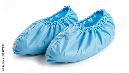 A pair of blue shoe covers on a white background