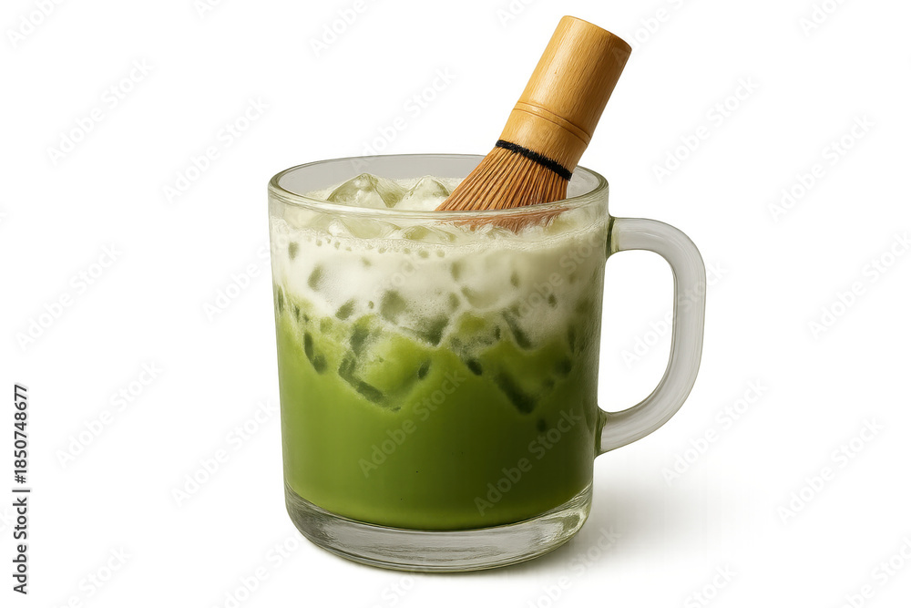 Fototapeta premium Iced matcha latte in a glass mug with ice and foam, whisk, traditional japanese green tea drink on transparent background