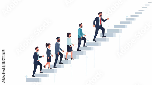 Team of professionals climbing stairs together towards success.