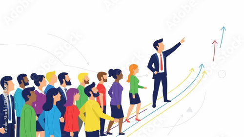 Diverse group of people following a leader pointing upwards on a growth chart.