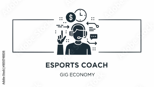 Esports Coach Gig Economy Icon with Financial and Time Management Symbols.