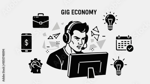 Gig Economy Worker Focused on Computer Screen with Headphones.