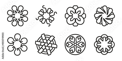 Abstract Floral Geometric Mandala Line Icons Set in Black Outline Style