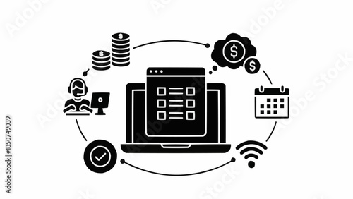 Digital checklist on laptop screen with surrounding business icons.