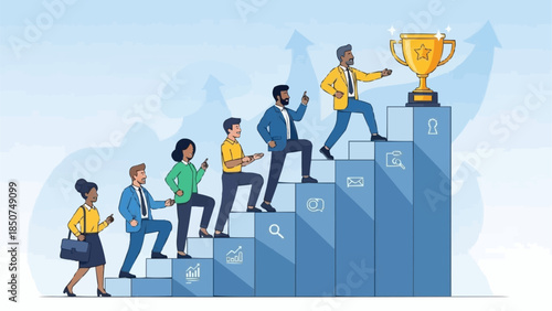 Diverse group of professionals climbing stairs towards success and trophy.