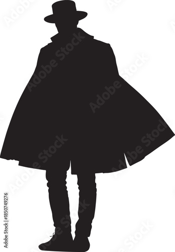 Silhouette of a man in a cape and hat standing alone