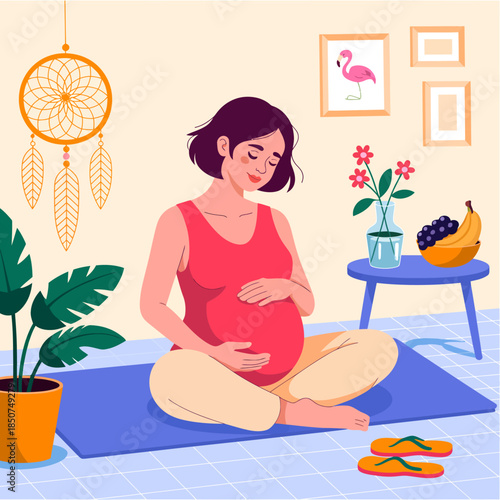 A serene depiction of a pregnant woman sitting comfortably indoors, enjoying a peaceful moment while nurturing her baby, surrounded by plants and light decor.