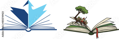 Book icons, flying pages design, story landscape illustration, black outline, reading symbol, imagination branding, literary concept, knowledge badge