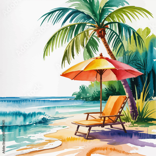 A picturesque watercolor illustration of a serene tropical beach scene featuring a lounge chair, palm trees, and vibrant colors, evoking feelings of relaxation and escape.