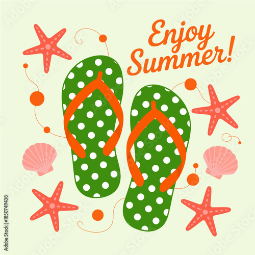 This playful image features bright green polka dot flip flops accompanied by seashells and starfish, evoking the carefree spirit of summer adventures and beach fun.