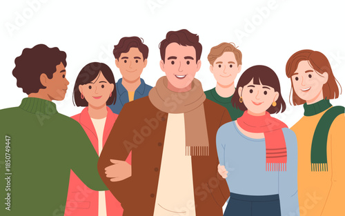 A vibrant group of friends come together, sharing smiles and warmth, symbolizing unity and connection among diverse individuals in a cheerful atmosphere.