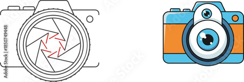 Camera icons, aperture lens design, cartoon photo device, black outline, photography symbol, visual branding, snapshot concept, media badge