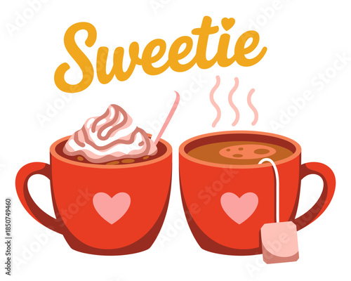 Delightful image of two vibrant red mugs filled with hot beverages. One mug features a whipped topping, while the other holds a tea bag. Ideal for cozy, sweet themes.