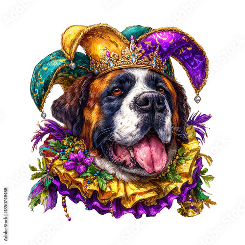 Celebration at Mardi Gras with a dog wearing a jester hat and colorful costume