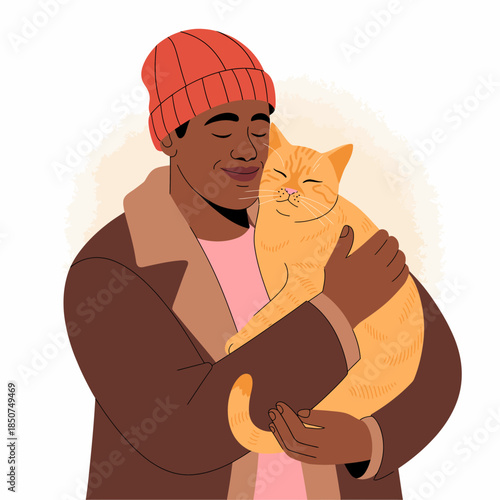 A warm and affectionate moment captured, showcasing a man joyfully embracing an orange cat, emphasizing the bond between humans and their pets in a loving environment.