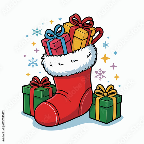 A cheerful illustration of a Christmas stocking overflowing with colorful gifts and decorations, embodying the festive spirit, joy, and excitement of the holiday season.