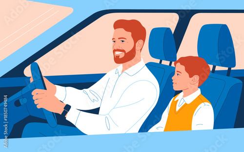 A heartwarming scene of a father driving with his young son next to him, both enjoying a special moment filled with smiles and companionship during a road trip.