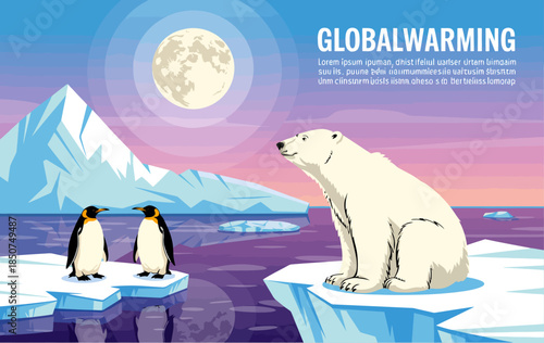 A serene polar bear and two penguins on melting ice, representing the impending effects of global warming and climate change on wildlife, education, and environment.