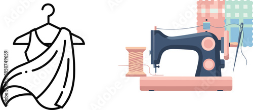 Fashion icons, dress hanger design, sewing machine illustration, black outline, tailoring symbol, garment branding, textile concept, couture badge