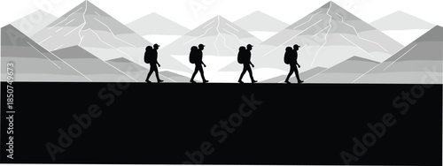 Hiking silhouette illustration, mountain background, outdoor adventure, backpackers walking, nature exploration, trekking scene, layered landscape, travel concept, wilderness journey, stylized design