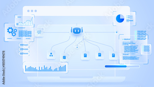 AI workflow automation artificial intelligence. ai agent network diagram dashboard machine learning data processing, ai model, data analytics and automation system.