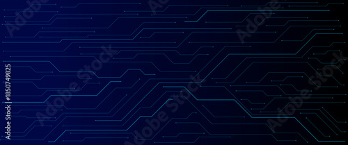 Abstract AI circuit board background. Technology connected blue lines with electronics elements on tech bg. Vector futuristic blue wires on a circuit board on a dark technological background. 